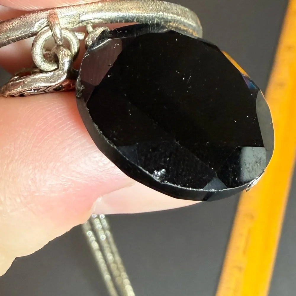 Etienne Aigner Silver Tone Double Chain Pendant Necklace – Black Stone